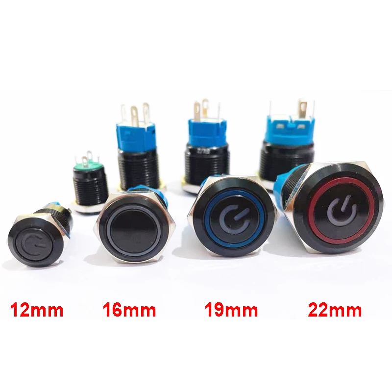 Black Push Button Switch 12/16/19/22mm Waterproof illuminated Led Light Metal Flat Momentary Switches with power mark 5V 12V 24V |