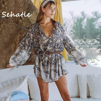 

Summer dresses 2020 new Sehatle mini bohemian boho dress casual beach V-neck sexy long sleeve chiffon pleated clothing for women