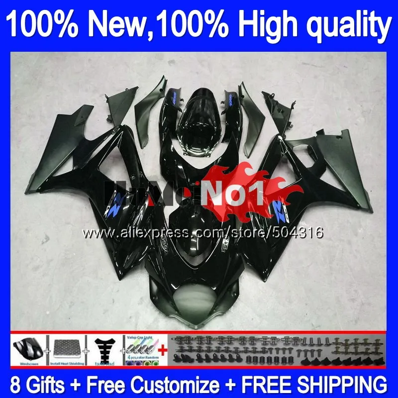 Корпус для SUZUKI GSXR1000 K7 GSX-R1000 GSXR 1000 22MC. 0 1000CC GSXR-1000 07 08 GSX R1000 2007 2008 07 08 Обтекатели глянцевый черный