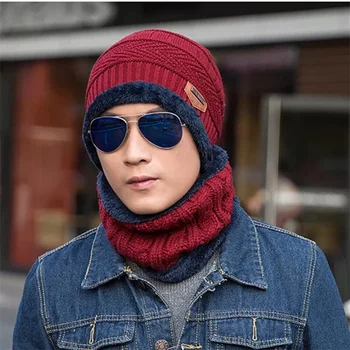 

Winter Hat Scarf Set Men Women Unisex 6 Colors Knitting Hat Scarf Set Warm Wool Fleece Cap Scarves Beanies