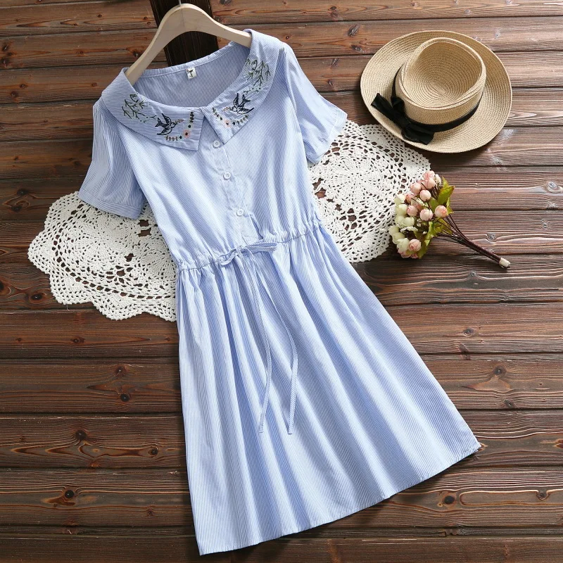 

Japanese-style Mori Girl 2019 Summer New Style National Style Swallow Embroidered Lace-up Stripes Printed Short-sleeve Dress
