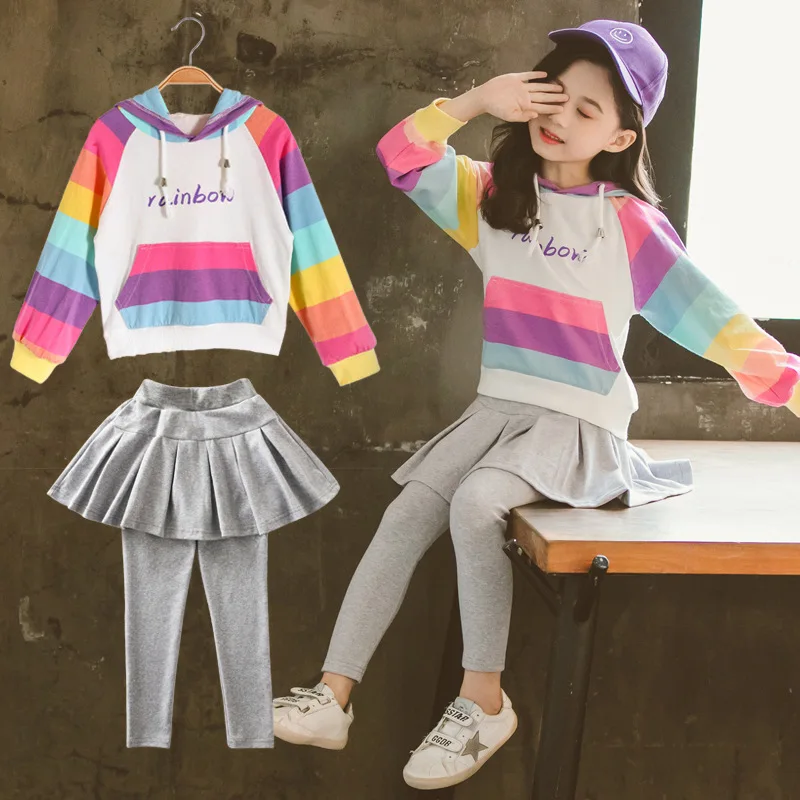

Girl'S Suit 2020 Spring New Style Big Boy Fashion White Color Stripes Versatile Hoodie Divided Skirt Two-Piece Set
