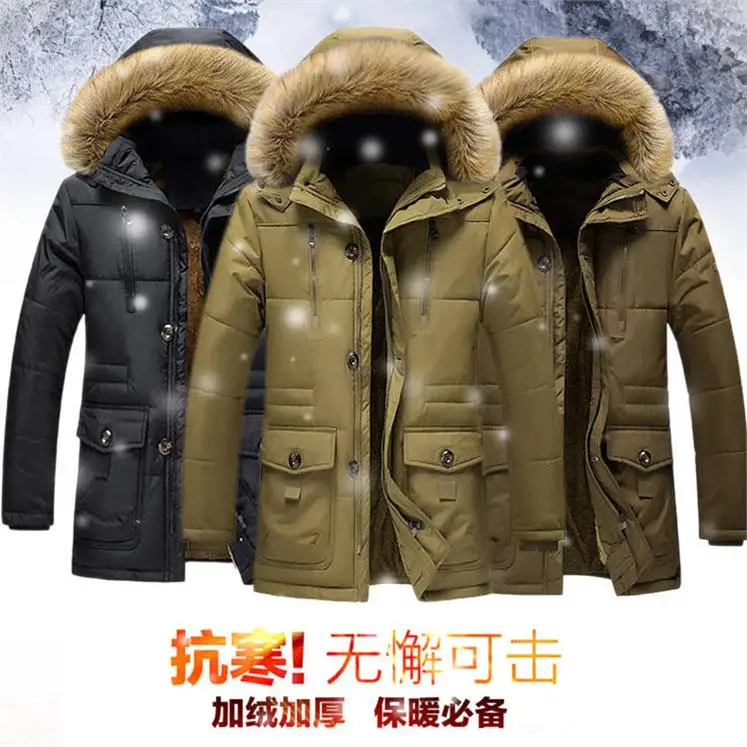 

OLOEY New long section plus thick velvet men's warm jacket detachable cap coat jacket padding Keep warm jacket