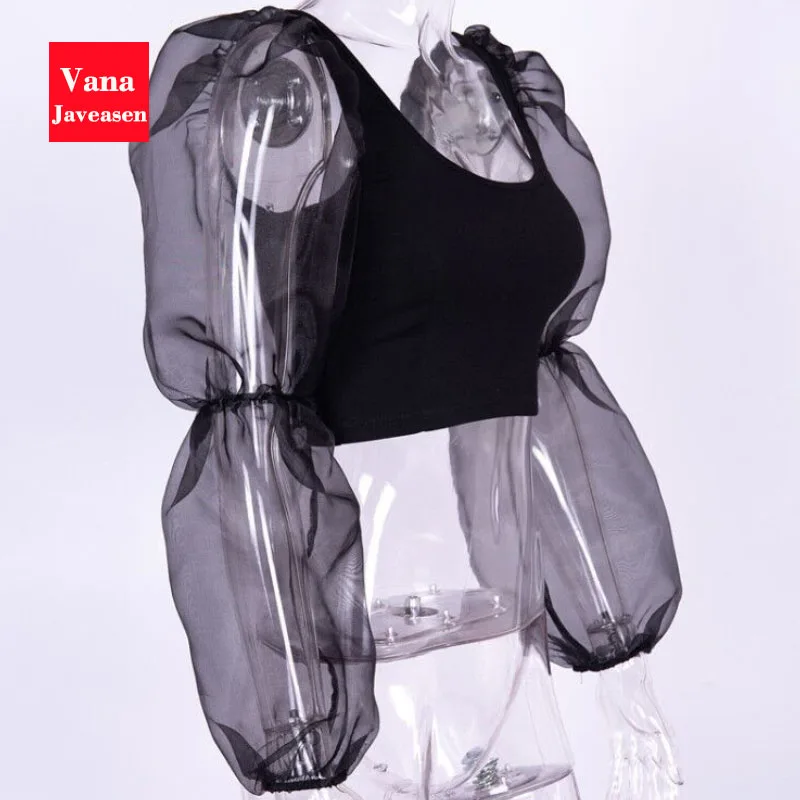 Vana Javeasen Mesh Square Collar Sexy Tanks Tops Solid Color Hollow Out Perspective Crop Top Patchwork Top Women