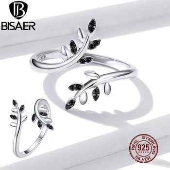 

BISAER Branch Open Ring 925 Sterling Silver Black Zircon Adjustable Size Rings Finger For Women New Arrival 2020 Jewelry EFR129