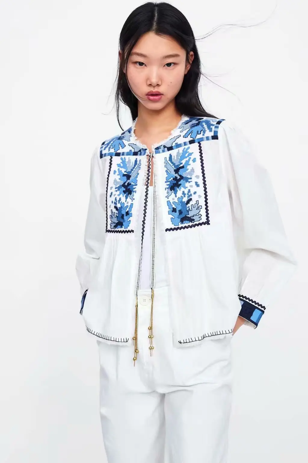 

Western Style 2019 Summer New Style Crew Neck Long Sleeve Embroidered Lace-up Jacket WOMEN'S Coat C222