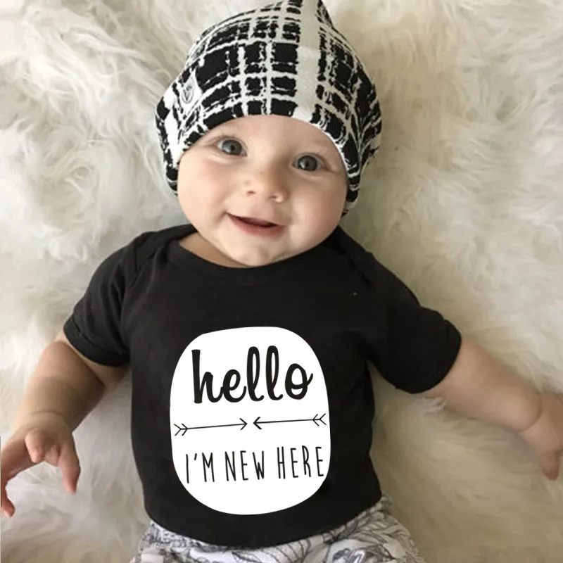 

2021 Newborn Infant Toddler Short Sleeve Romper Baby Boy Girl Hello I' M New Here Print Romper Jumpsuit Outfits Summer Clothes