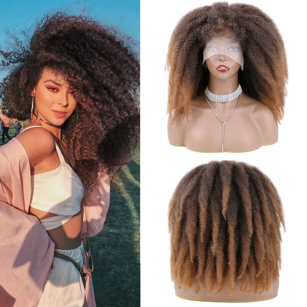 Synthetic Afro Kinky Twist Hair Wig Lace Front 14 Inch Fluffy Marley Braids Hair Wig Lace Front Wigs With Bangs For Black Women