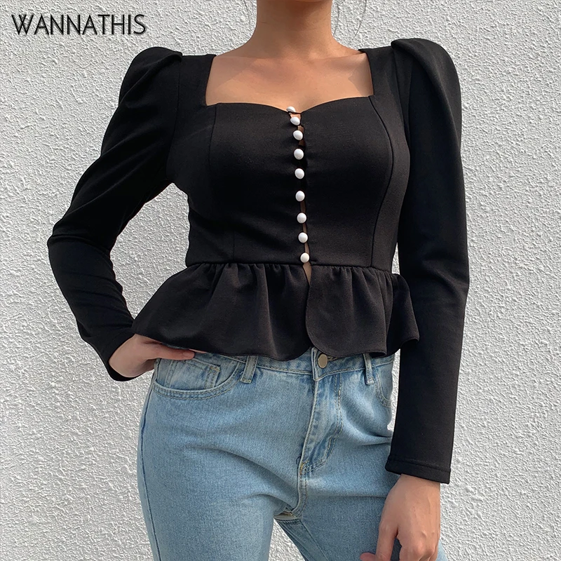 

Wannathis Puff Sleeve Top Women Blouse Black Square Collar Front Button Ruffles Long Sleeve Slim Autumn Elegant Ladies Crop Top
