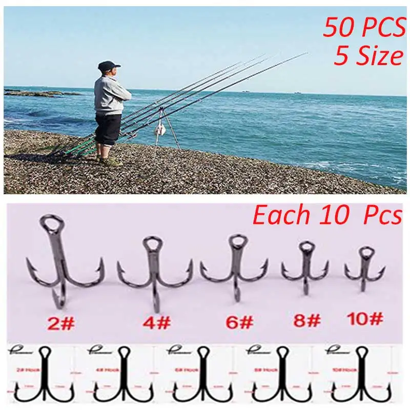 50pcs/Box Fishing Hook Antirust Treble Hooks Tackle Carbon Steel Lure