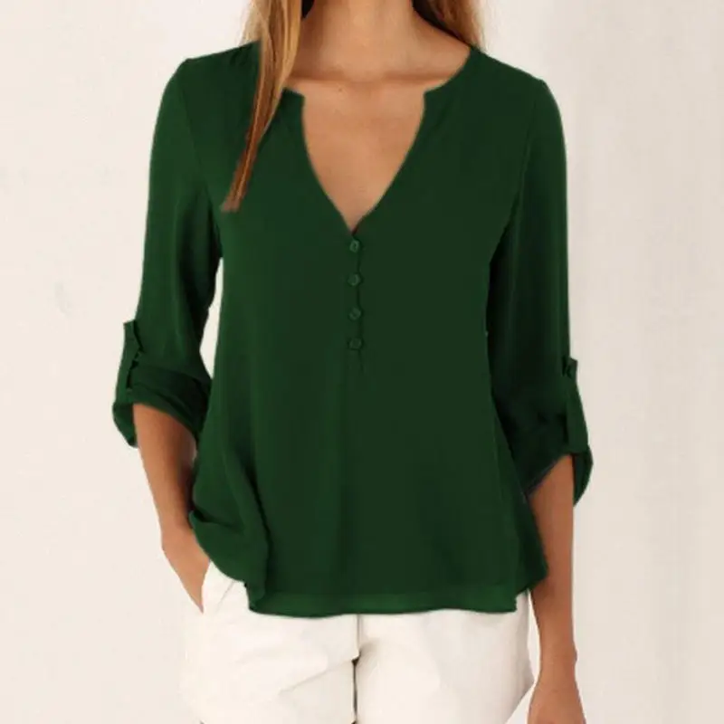 Dark green Tops Белая женская блузка с длинным рукавом, женские топы, повседневная однотонная шифоновая блузка, Офисная рубашка большого размера, рубашка с v-образным вырезом, женская блузка Q2168 - Цвет: Dark green Tops