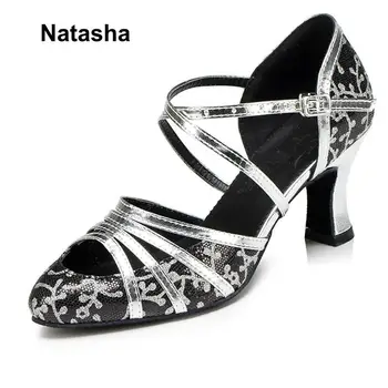 

Natasha new adult Latin dance shoes black gold modern dance shoes women's shoes social standards shoes cha-cha show shoes high h