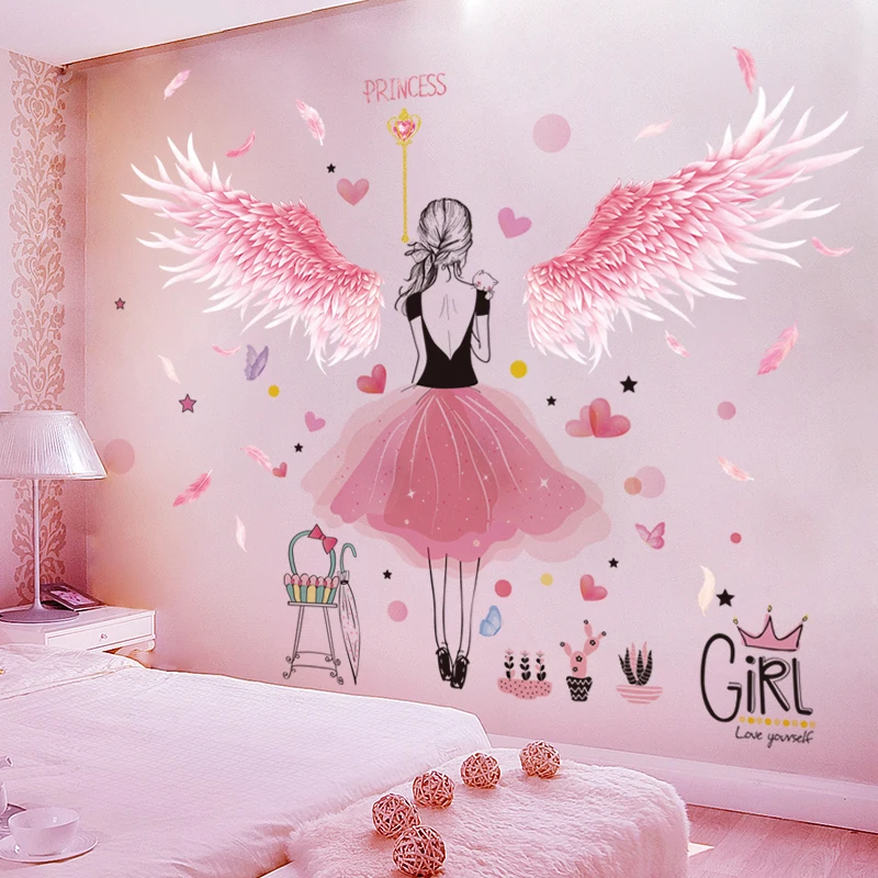 

Pink Feathers Wing Cartoon Girl Wall Sticker Wallpaper Waterproof Art Mural Decal DIY Kids Room Baby Living Modern Decoration