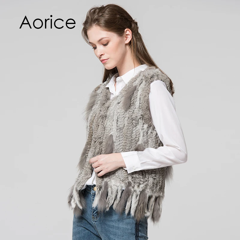 Women Knitted Handmade Real Rabbit Fur Vest Gilet Sleeveless Garment Waistcoat Female Natural Fur Coat Jacket VR031