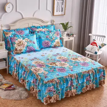 

42 2/3Pieces Bloom Flowers Printed Queen/Full/Twin Size Lightweight Microfiber Quilted Coverlet Ruffled Bedskirt for All