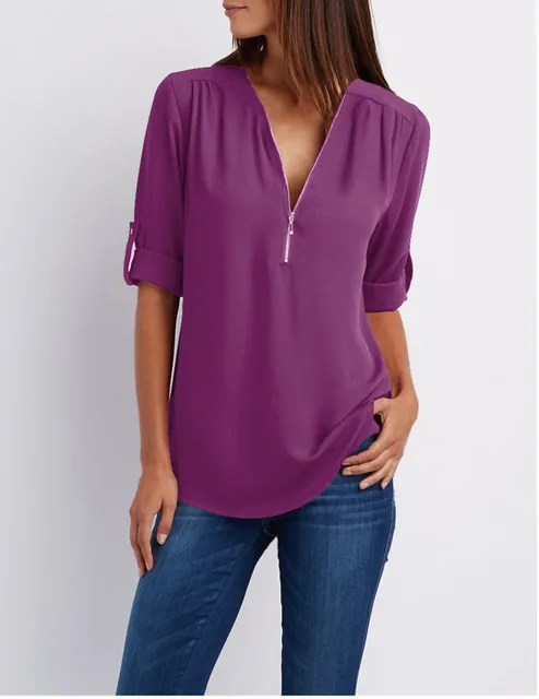 Women Shirts Summer Autumn Casual V-neck Chiffon Blouse Women Top Camisa Feminina Long Sleeve Black White Ladies Blouses Shirt Purple