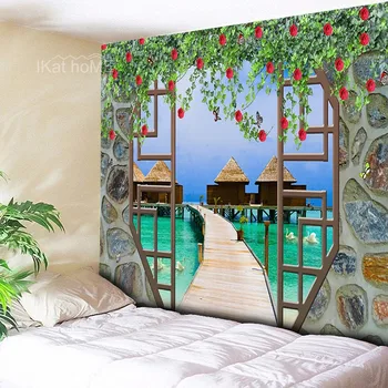 

Arch Sea Scenery Psychedelic Tapestry Flower Plant Wall Hanging Waterfall Decoration Boho Home Decor Wall Carpet tapiz mandala