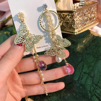 

MENGJIQIAO New Fashion Korean Metal Butterfly Crystal Drop Earrings For Women Elegant Pearl Summer Holiday Pendientes Jewelry