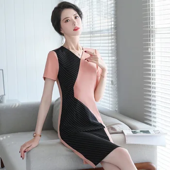 

Spell Color Short Sleeve Dress Medium Length Money Occupation Female Skirt Elegant Yls936