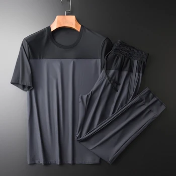 

(t-shirt+pants) Summer Mens Luxury Black Grey Patchwork Sport Casual Man Tracksuit Plus Size 4xl Slim Fit Male Sets