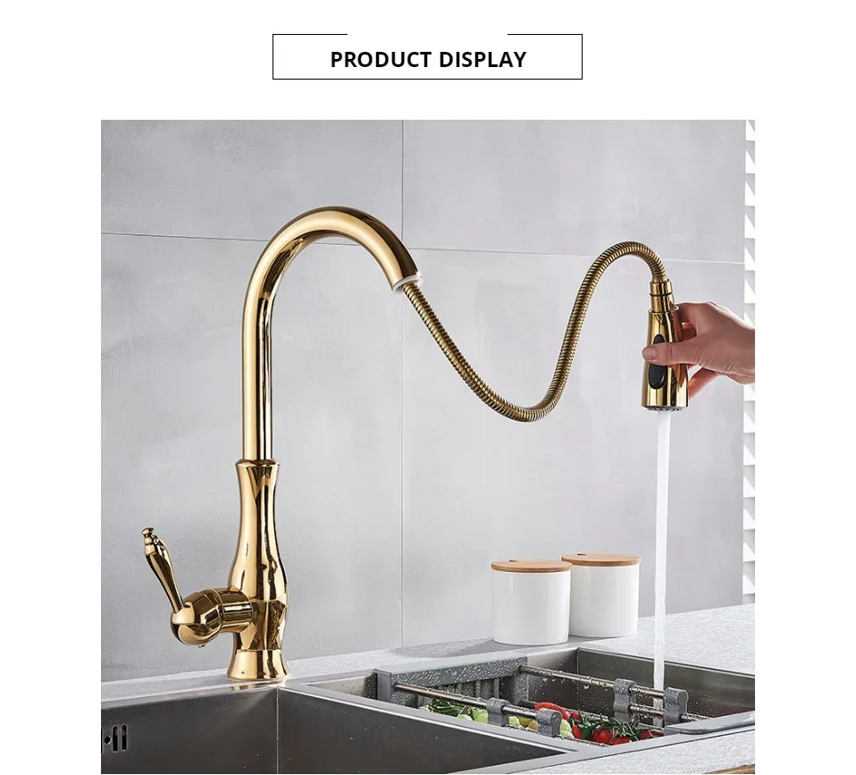 Uythner Gold Polish Swivel Spout Kitchen Sink Faucet Pull Down Sprayer Fashion Design Bathroom Kitchen Hot&Cold Water Mixer Tap