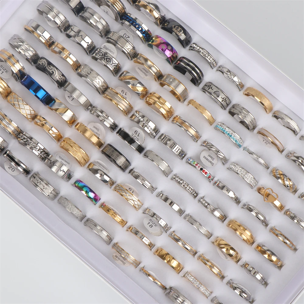 50pcs/lot Fashion Stainless Steel Jewelry Rings For Women Men Mix Style Color 50 different styles