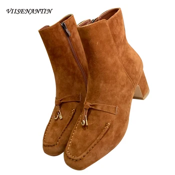 

Fashion Vintage Square Toe Thick High Heel Metal Decro Fringed Short Ankle Chelsea Boots Multi Color Platform Brand Shoes Women