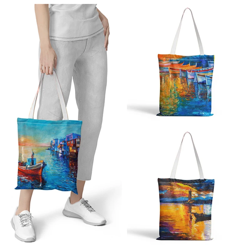 Retro Oil Painting Print Women Tote Bag For Harbor Photo Women Casual Tote Ladies Shoulder Bag Outdoor Beach Bag Daily Hand Bag luxury personalised monogram tote bag personalized canvas chain beach shopping tote bag personalized weekend hand bag luggage