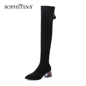 

SOPHITINA New Stylish Women Boots Sexy Pointed Toe Unique Gem Decoration Over-the-knee Boots Winter Warm Black Shoes Women SO614
