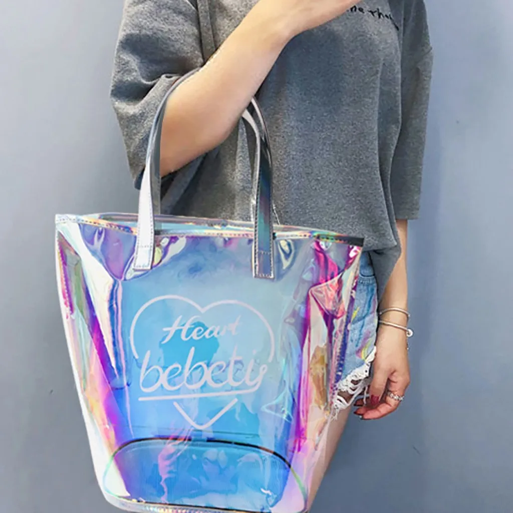 

Transparent Women Shopping Bag Portable Holographic Jelly Bag PVC Clear Beach Tote Bag Women Shoulder Beach Travel Handbags 8.27
