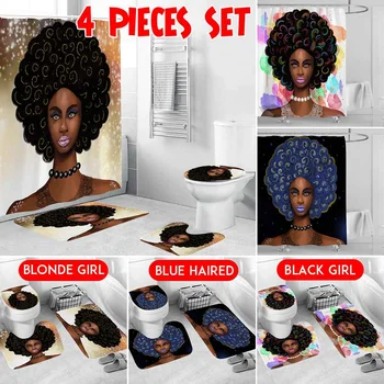 

African American Women Shower Curtain Afro African Girl Queen Princess Bath Curtains with Rugs Toilet Seat Cover Set w/Hooks
