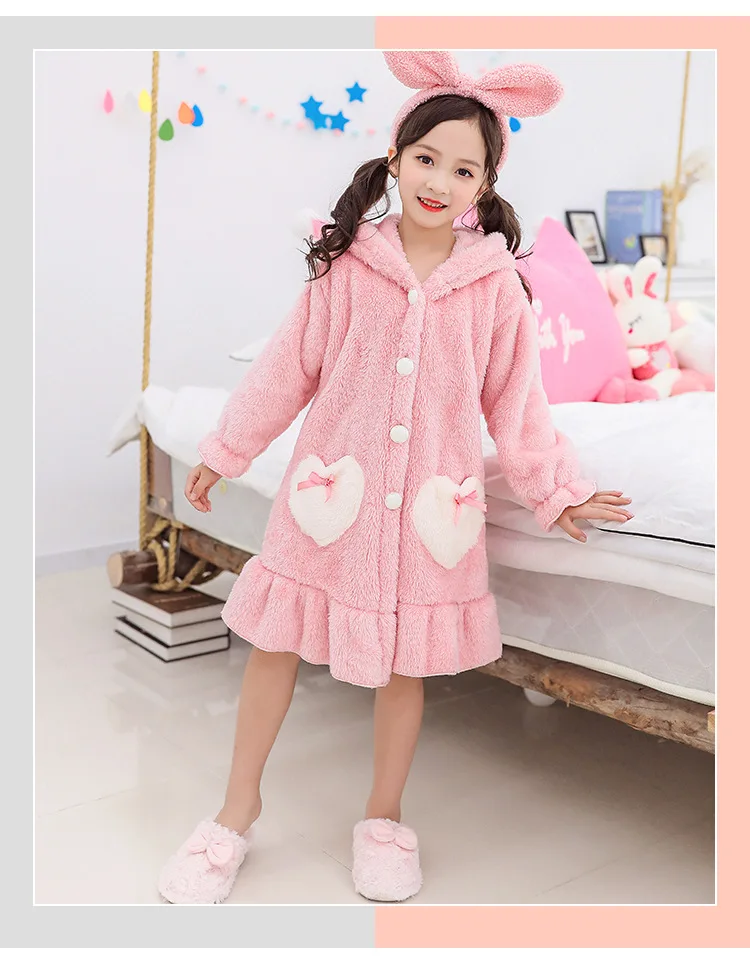 Girls' Pajamas Pink Cute Children Flannel Bathrobe Home Fleece Kids Sleepwear Autumn Winter Nightgown for Girls Robes elegant pajama sets