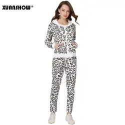 XUANSHOW 2019 Спортивный костюм женский осень мода леопард Распечатать Куртка с капюшоном 2 шт комплект Длинные штаны комплект костюмов
