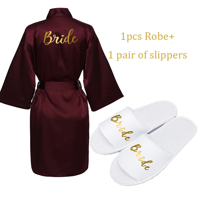 Owiter/Коллекция года; Бордовое платье; атласный шелковый халат и тапочки; Свадебный банный халат; одежда для невесты и подружки невесты; женское кимоно; вечерние Халаты; подарки - Цвет: Wine red