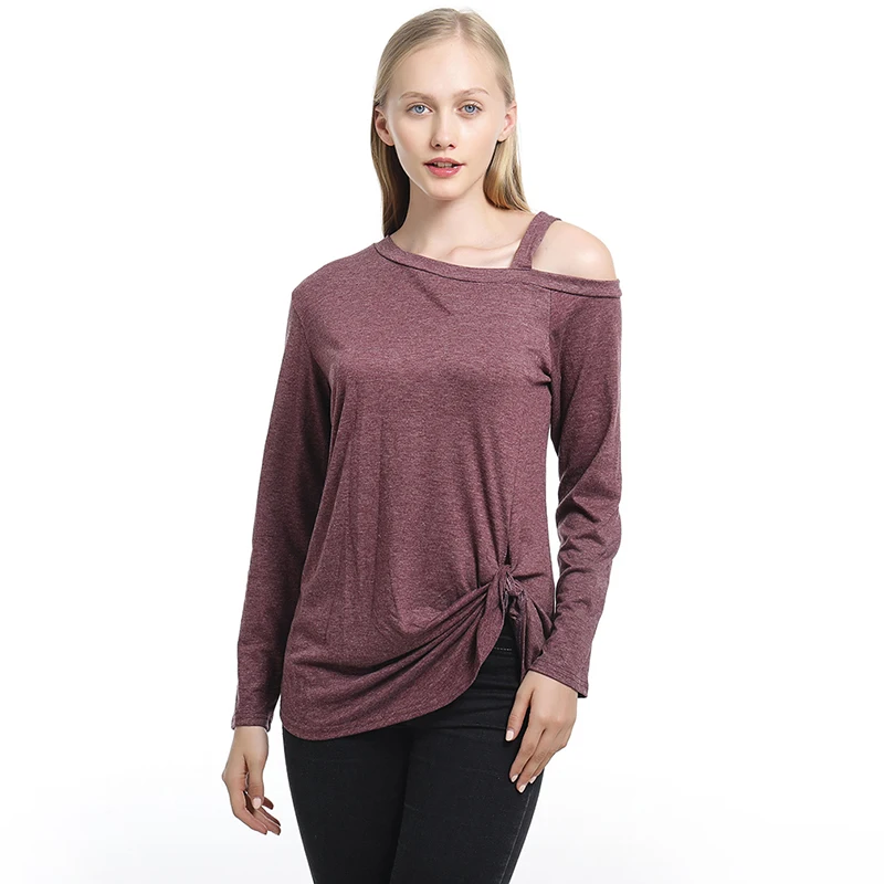 wine red Одноцветные женские футболки на одно плечо женская футболка с косой шеей футболка с длинным рукавом летняя повседневная Уличная одежда размера плюс - Цвет: wine red