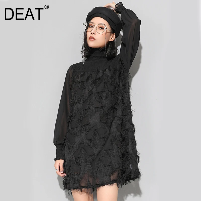 

[DEAT]2019 New Autumn Winter High Collar Long Sleeve Black Loose Tassels Feather Split Joint Loose Dress Women Fashion Tide JK14