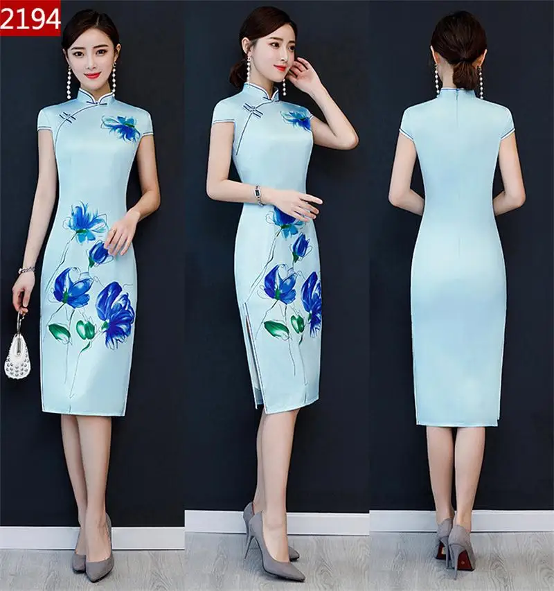 Для женщин Китайский Стиль вечернее платье, пикантное платье Чонсам Винтаж принт из сатина с украшениями в виде цветов элегантные женские