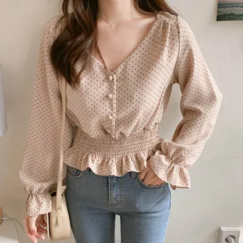 

Vintage V-neck Flare Sleeve Polka Dot Women Blouse Shirts Elegant Front Buttons Slim Waist Ruffles Female Blouse blusas 2019