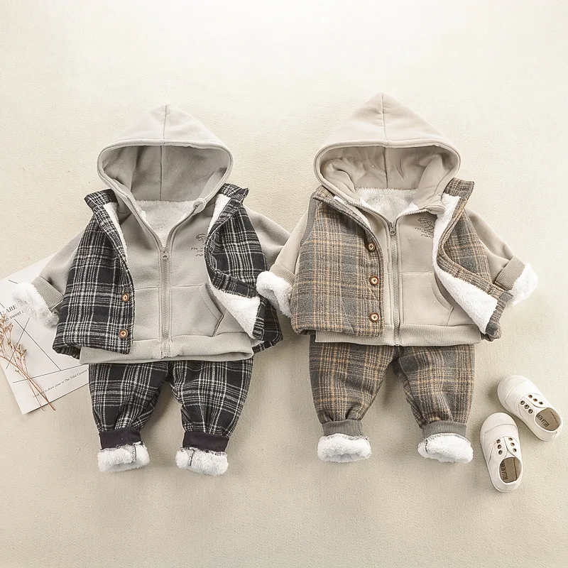

2019 Children's Clothing Korean Version of The New Winter Boy's Plaid Vest Plus Velvet Three-piece Double-layer Lamb Hair Set