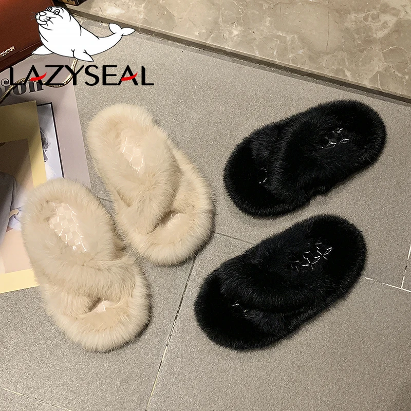 LazySeal/тапочки с натуральным кроличьим мехом женская обувь модные женские Вьетнамки, Повседневная плюшевая обувь на плоской подошве женские меховые домашние шлепанцы