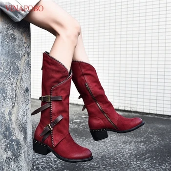 

Red Shallow Folded Leather Patchwork Buckle Strap Boots Side Zipper Sexy Western Wild Boots Designer Boots Women Luxury Shoes