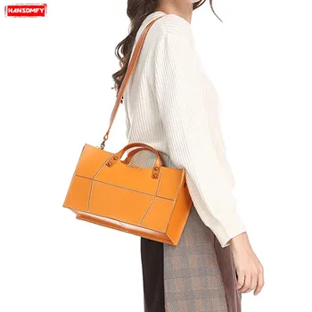 

Retro Handmade Women Tote Bag Genuine Leather Female Shoulder Messenger Bag Geometric Stitching Handbags Detachable Mother Bag