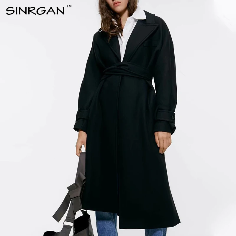 

SINRGAN Pure Solid Black Wool Blend Autumn Winter New Women's Casual Oversize Long Coat with belt Elegant Outwear