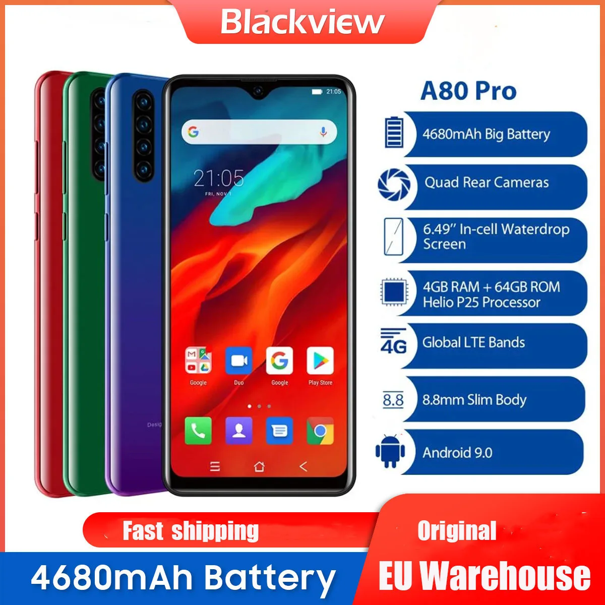 Blackview A80 Pro Global Version Quad Camera Mobile Phone 6.49 Waterdrop 4GB+64GB Octa Core Android 4680mAh 4G Phone Cellphone