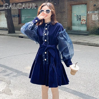 

GALCUAR Patchwork Mesh Women Dress Tuffled Neck Lantern Long Sleeve High Waist Lace Up Ruched Mini Dresser Female Fashion Tide