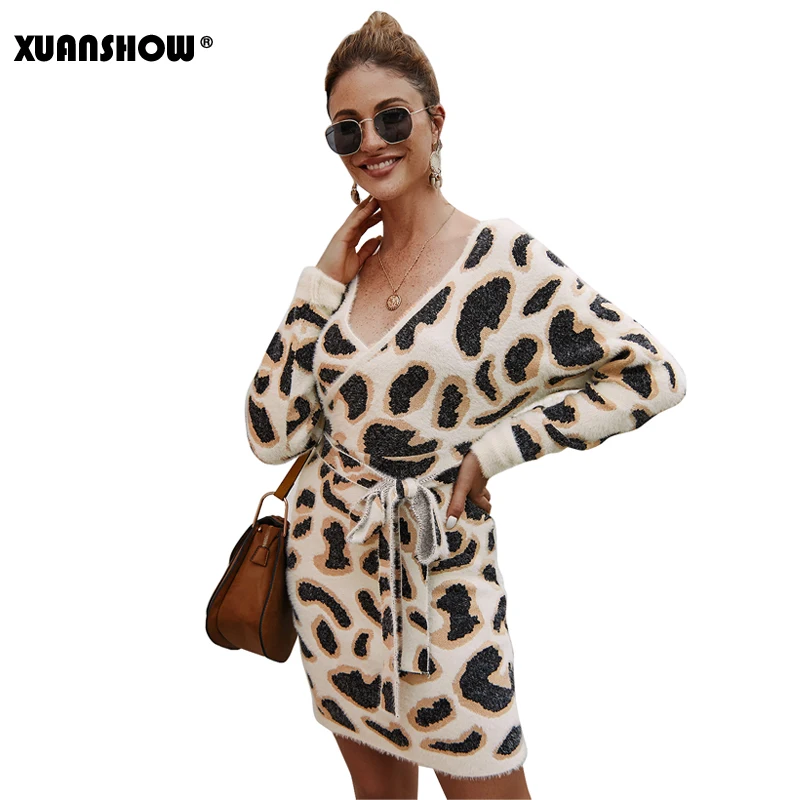 XUANSHOW 2019 Осень зима Платье женщины мода Винтажный стиль Длинный рукав V-образный