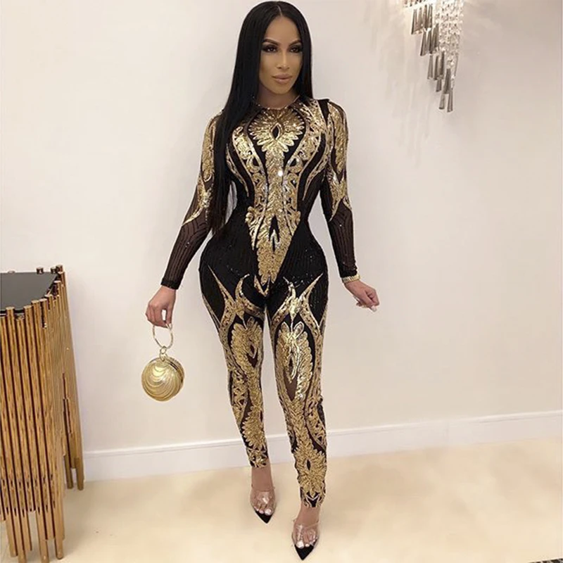 PinePear размера плюс золотые серебряные Сексуальные Sequin Bodycon Mesh комбинезоны женские перспективные вечерние Клубные комбинезоны длинные штаны Прямая поставка