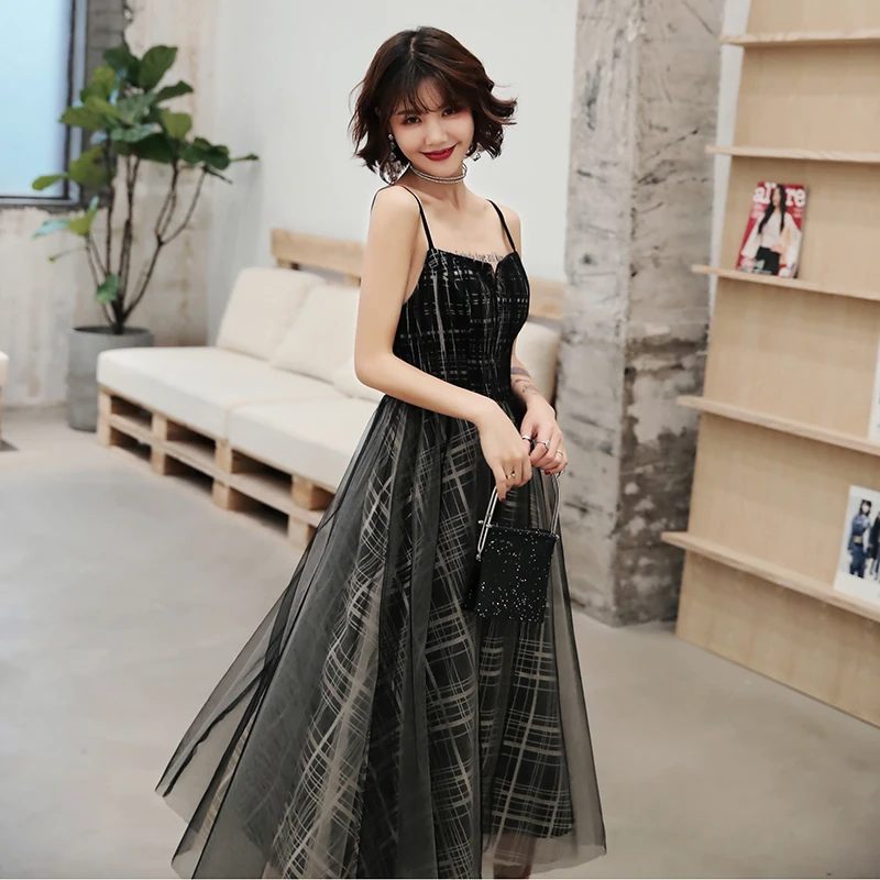 Черное клетчатое женское вечернее платье, Cheongsam, сексуальное, на тонких бретелях, с открытыми плечами, официальное, вечернее платье, Сетчатое, Robe De Soiree Vestidos