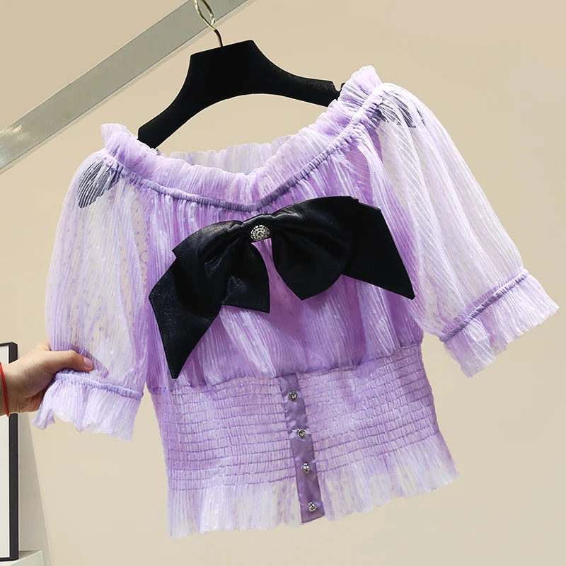 

Sexy Slash Neck Slim-Fit Lace Chiffon Shirt Women's New 2020 Summer Design Short Sleeve All-match Tops Crop Top Girls Blusas