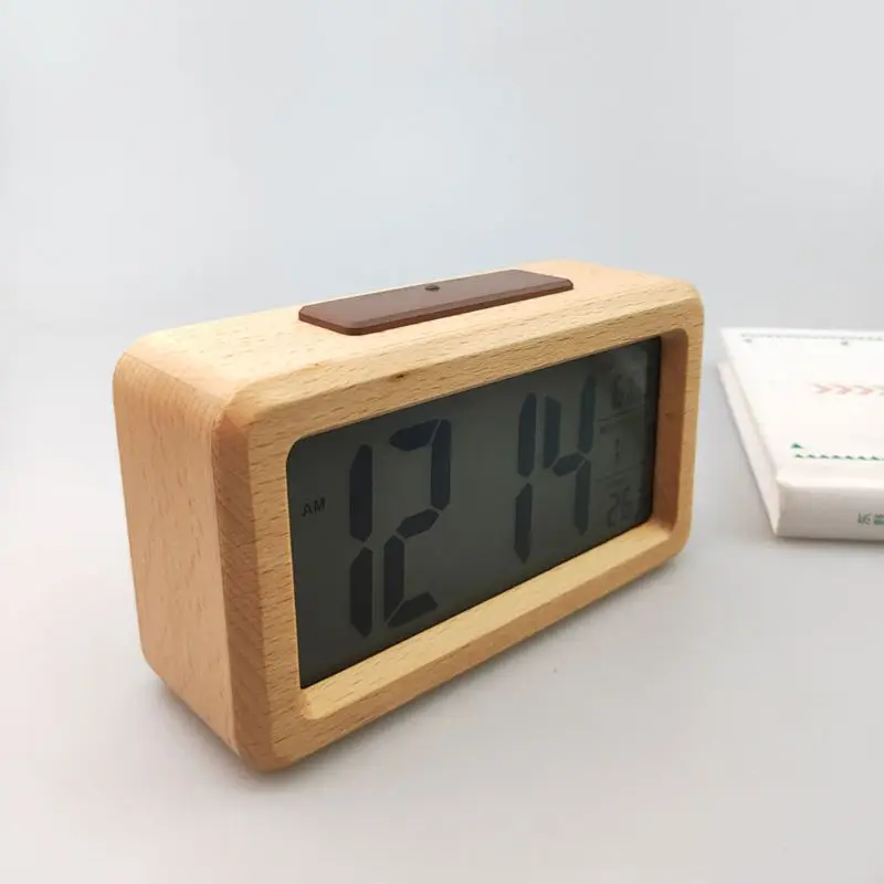 Easy Setting Wooden Digital Alarm Clock with Temperature, Date, Backlight, Snooze Functions for Bedroom Non Ticking